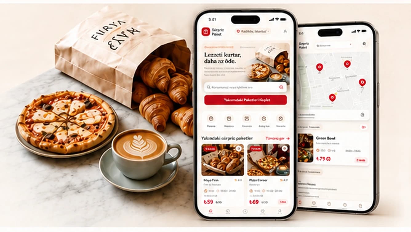 Kese kağıdından taşan kruvasanlar, pizza ve kahvenin yanında Sürpriz Paket uygulamasının açık olduğu iki telefon