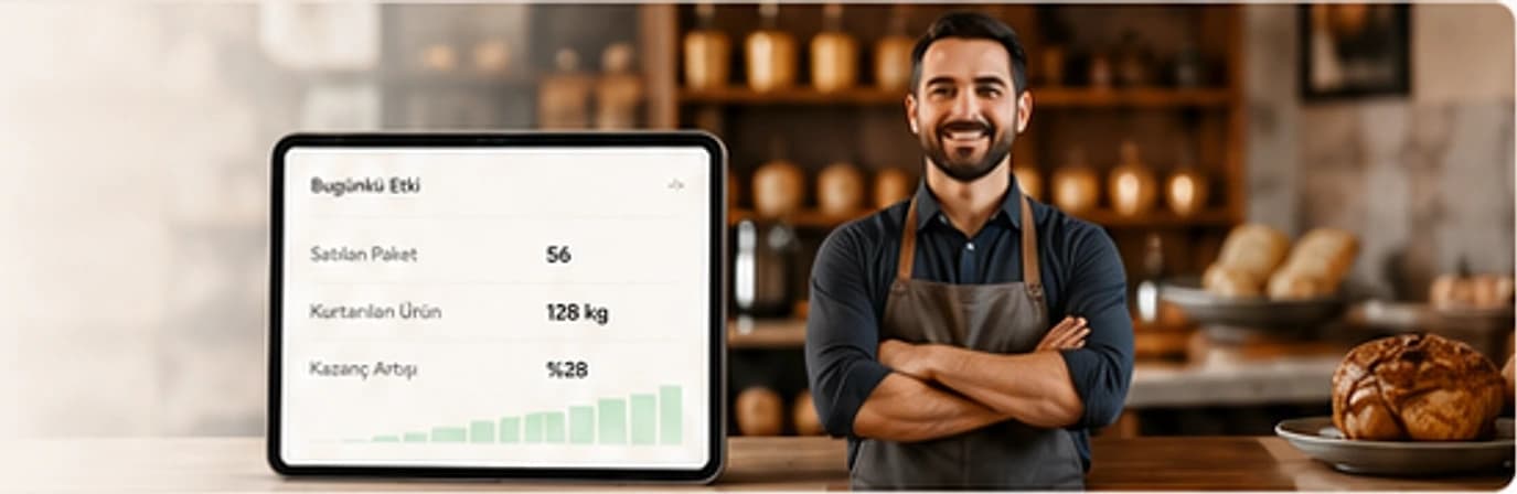Fırınında duran bir işletme sahibi ve Sürpriz Paket işletme panelinin açık olduğu tablet