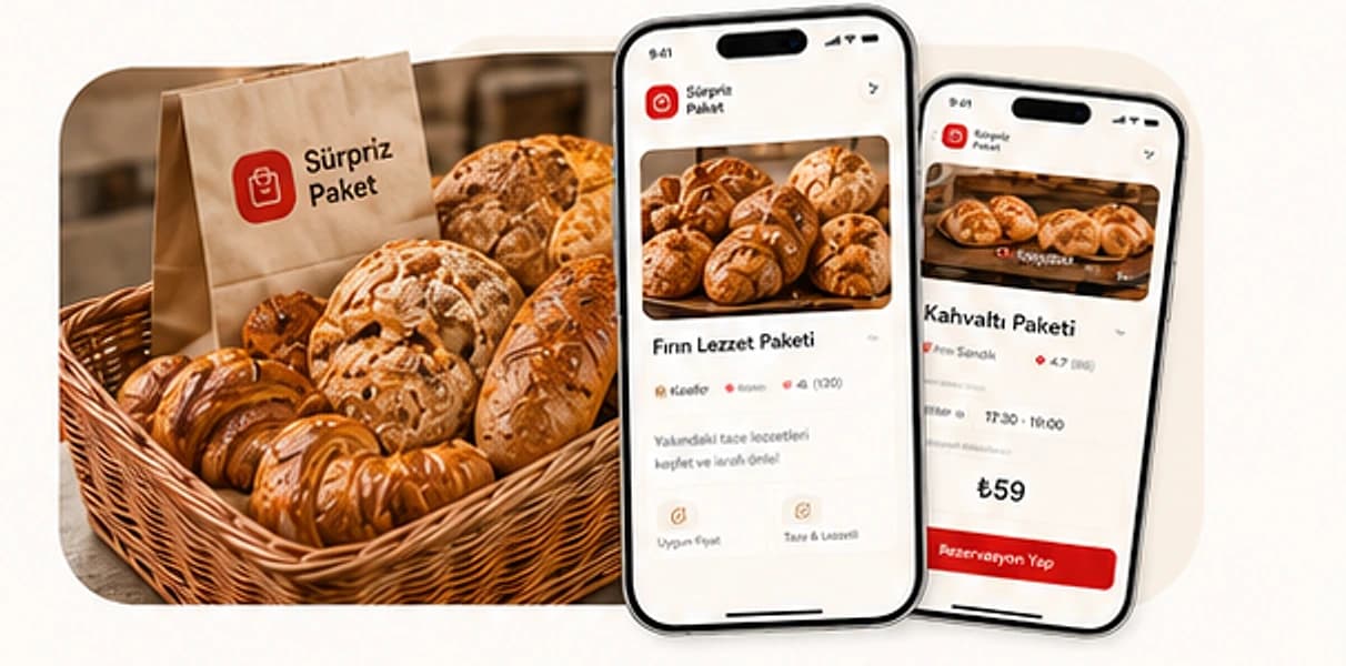 Sürpriz Paket keseleri dolu bir ekmek sepeti ve uygulamanın paket ekranları